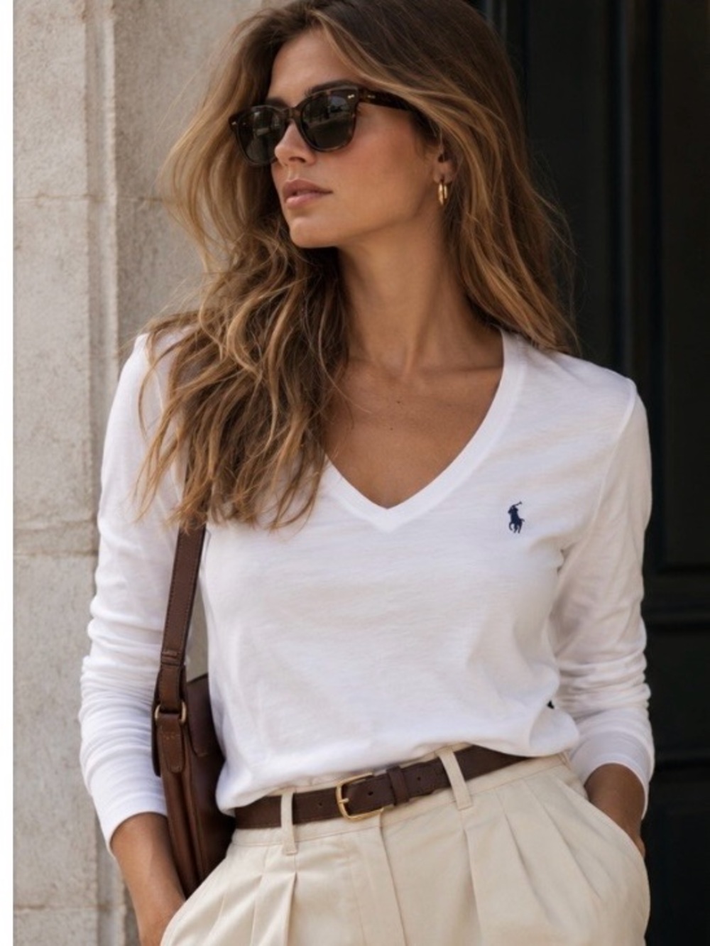 Polo by Ralph Lauren White V-Neck Long Sleeve Tee with Navy Logo(NWT)